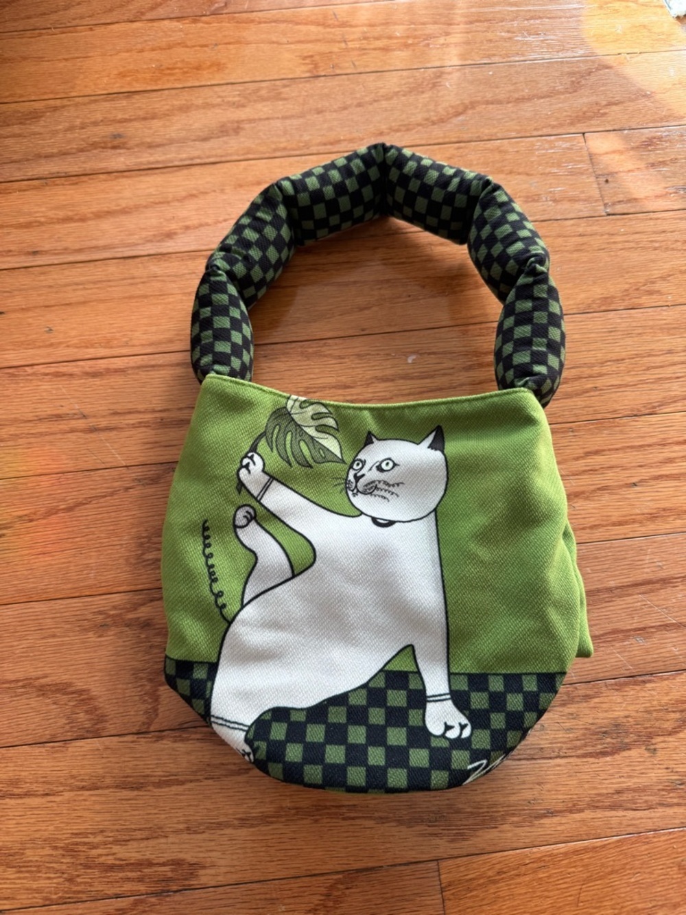 Green Cat Print Canvas Handbag